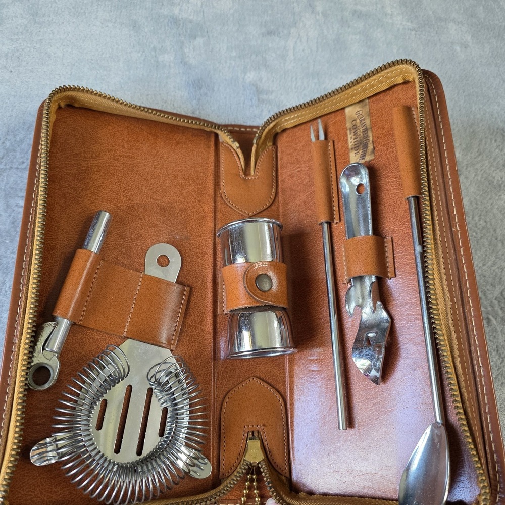 Vintage Cocktail Travel Tool Set Brown Leather Case